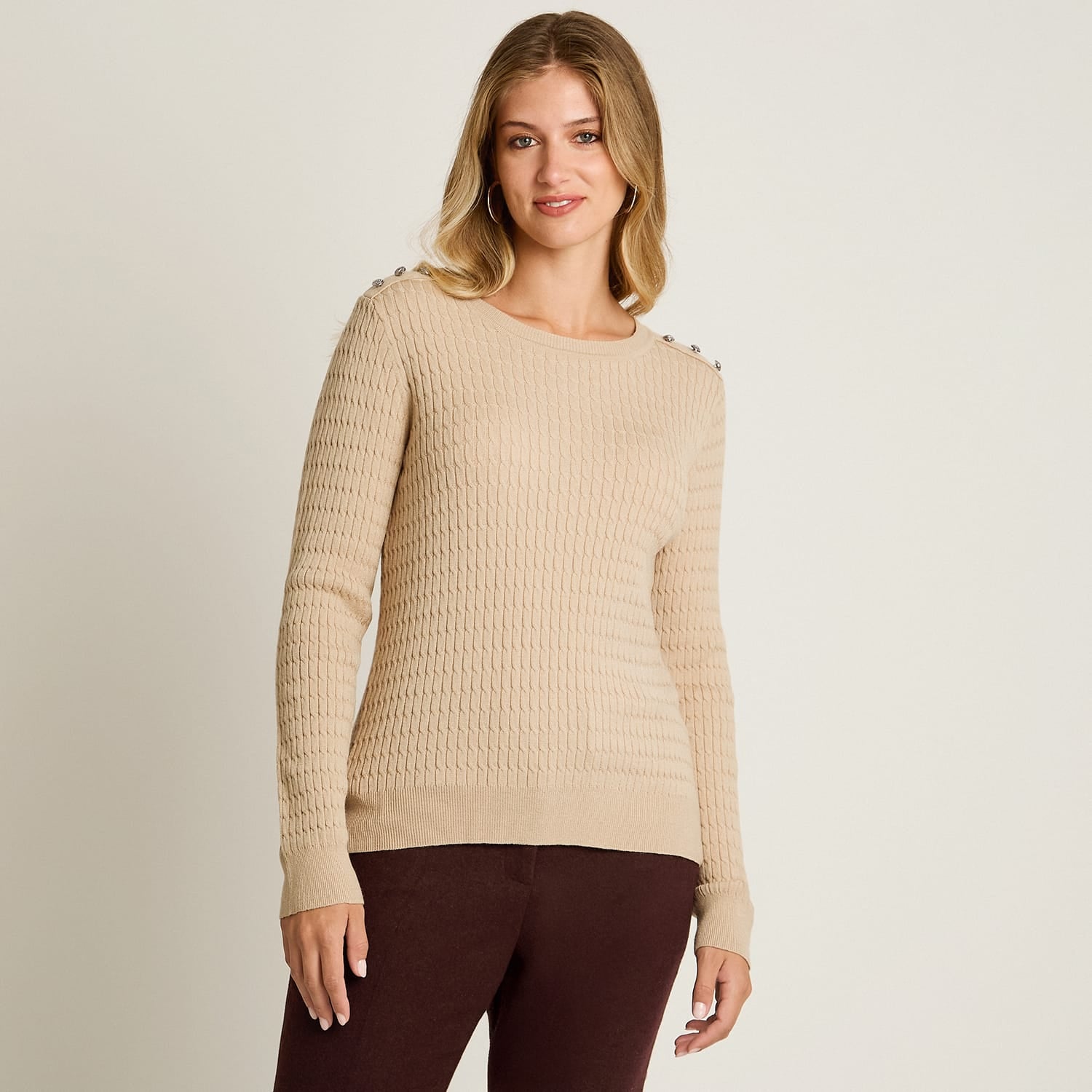 Sweater Beige Manga Larga Elasticidad Media Sin Forro Calce Normal Tela Tejido